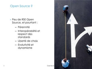 Open Source ?



       Peu de RSE Open
        Source, et pourtant :
          – Pérennité
          – Interopérabilité et
            respect des
            standards
          – Liberté de choix
          – Evolutivité et
            dynamisme




6                                 Core-Techs
 