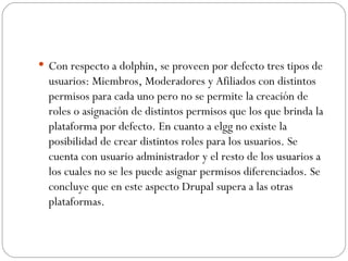 Con respecto a dolphin, se proveen por defecto tres tipos de usuarios: Miembros, Moderadores y Afiliados con distintos permisos para cada uno pero no se permite la creación de roles o asignación de distintos permisos que los que brinda la plataforma por defecto. En cuanto a elgg no existe la posibilidad de crear distintos roles para los usuarios. Se cuenta con usuario administrador y el resto de los usuarios a los cuales no se les puede asignar permisos diferenciados. Se concluye que en este aspecto Drupal supera a las otras plataformas. 