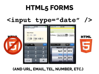 HTML5 FORMS
<input type=“date” />
(AND URL, EMAIL, TEL, NUMBER, ETC.)
 