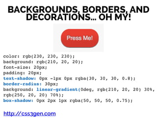 BACKGROUNDS, BORDERS, AND
DECORATIONS… OH MY!
color: rgb(230, 230, 230);!
background: rgb(210, 20, 20);!
font-size: 20px;!
padding: 20px;!
text-shadow: 0px -1px 0px rgba(30, 30, 30, 0.8);!
border-radius: 30px;!
background: linear-gradient(0deg, rgb(210, 20, 20) 30%,
rgb(250, 20, 20) 70%);!
box-shadow: 0px 2px 1px rgba(50, 50, 50, 0.75);!
http://css3gen.com
 