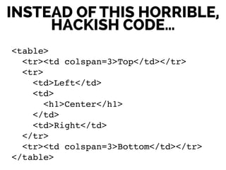 INSTEAD OF THIS HORRIBLE,
HACKISH CODE…
<table>!
<tr><td colspan=3>Top</td></tr>!
<tr>!
<td>Left</td>!
<td>!
<h1>Center</h1>!
</td>!
<td>Right</td>!
</tr>!
<tr><td colspan=3>Bottom</td></tr>!
</table>
 