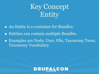 Key Concept
               Entity
• An Entity is a container for Bundles.
• Entities can contain multiple Bundles.
• Examples are Node, User, File, Taxonomy Term,
  Taxonomy Vocabulary
 