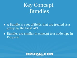 Key Concept
                 Bundles

• A Bundle is a set of fields that are treated as a
  group by the Field API
• Bundles are similar in concept to a node type in
  Drupal 6
 