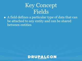 Key Concept
                  Fields
• A field defines a particular type of data that can
  be attached to any entity and can be shared
  between entities
 