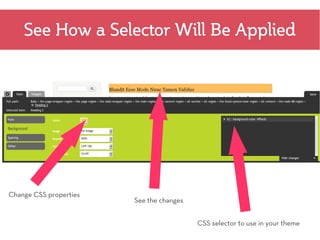 See How a Selector Will Be Applied




Change CSS properties
                        See the changes


                                          CSS selector to use in your theme
 