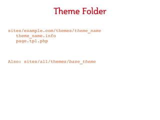Theme Folder

sites/example.com/themes/theme_name
   theme_name.info
   page.tpl.php



Also: sites/all/themes/base_theme
 