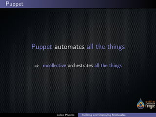 ;
Puppet
Puppet automates all the things
⇒ mcollective orchestrates all the things
Julien Pivotto Building and Deploying M...