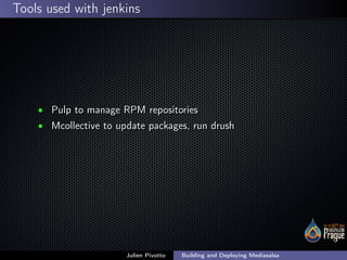 ;
Tools used with jenkins
• Pulp to manage RPM repositoriesPulp to manage RPM repositories
• Mcollective to update package...