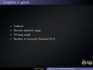 ;
Graphite + gdash
• CollectdCollectd
• Monitor platform usageMonitor platform usage
• FFmpeg usageFFmpeg usage
• Number o...