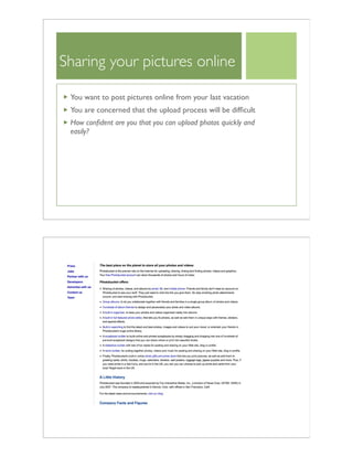 Sharing your pictures online
You want to post pictures online from your last vacation
You are concerned that the upload process will be difﬁcult
How conﬁdent are you that you can upload photos quickly and
easily?
 