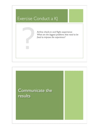Exercise Conduct a KJ
?
Airline check-in and ﬂight experience
What are the biggest problems that need to be
ﬁxed to improve the experience?
Communicate the
results
 