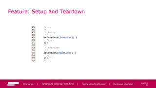 40
May 2013
Feature: Setup and Teardown
Who we are | Testing JS Code & Front-End | Testing without the Browser | Continuous Integration 40
 