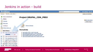 89
May 2013
Jenkins in action - build
Who we are | Testing JS Code & Front-End | Testing without the Browser | Continuous Integration 89
 