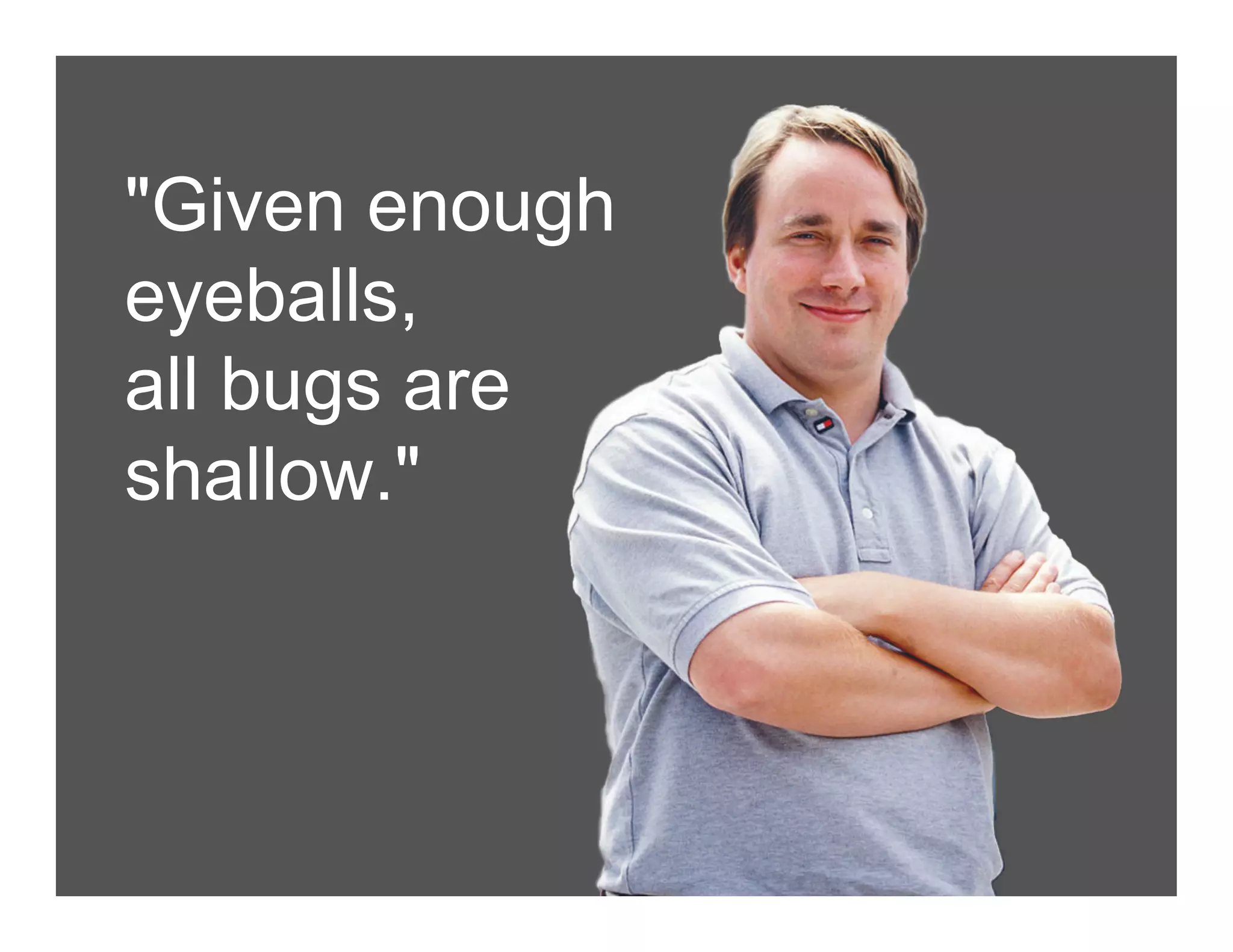 "Given enough
eyeballs,
all bugs are
shallow."
 