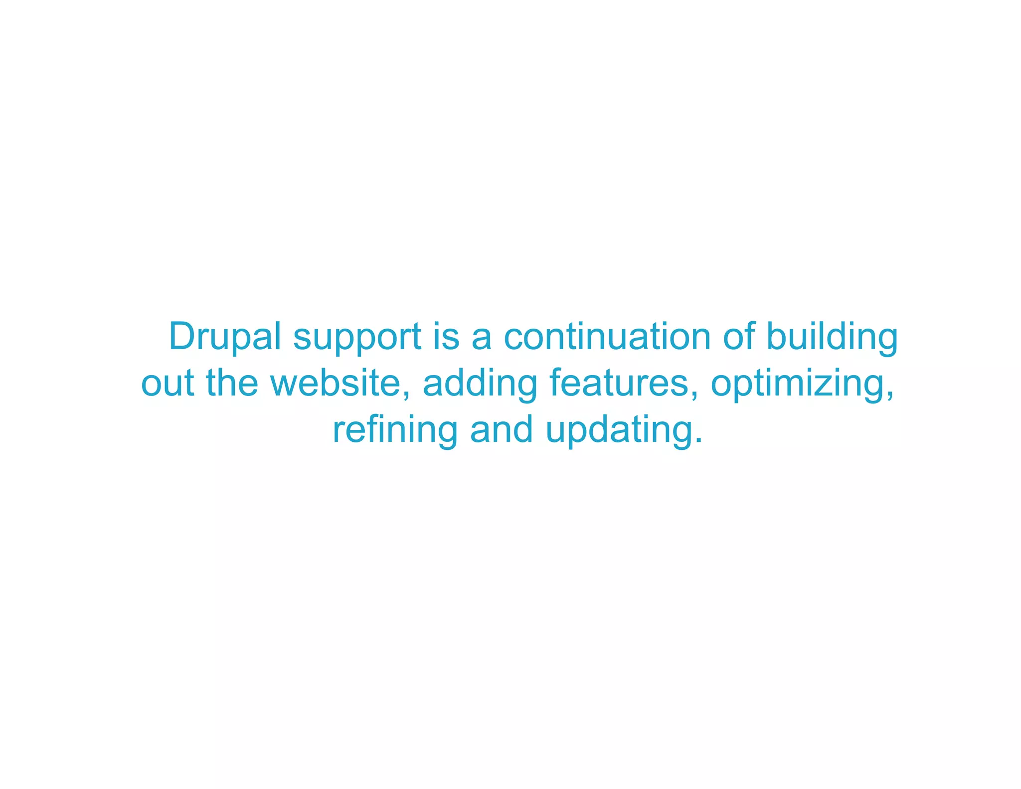 Drupal support is a continuation of building
out the website, adding features, optimizing,
refining and updating.
 