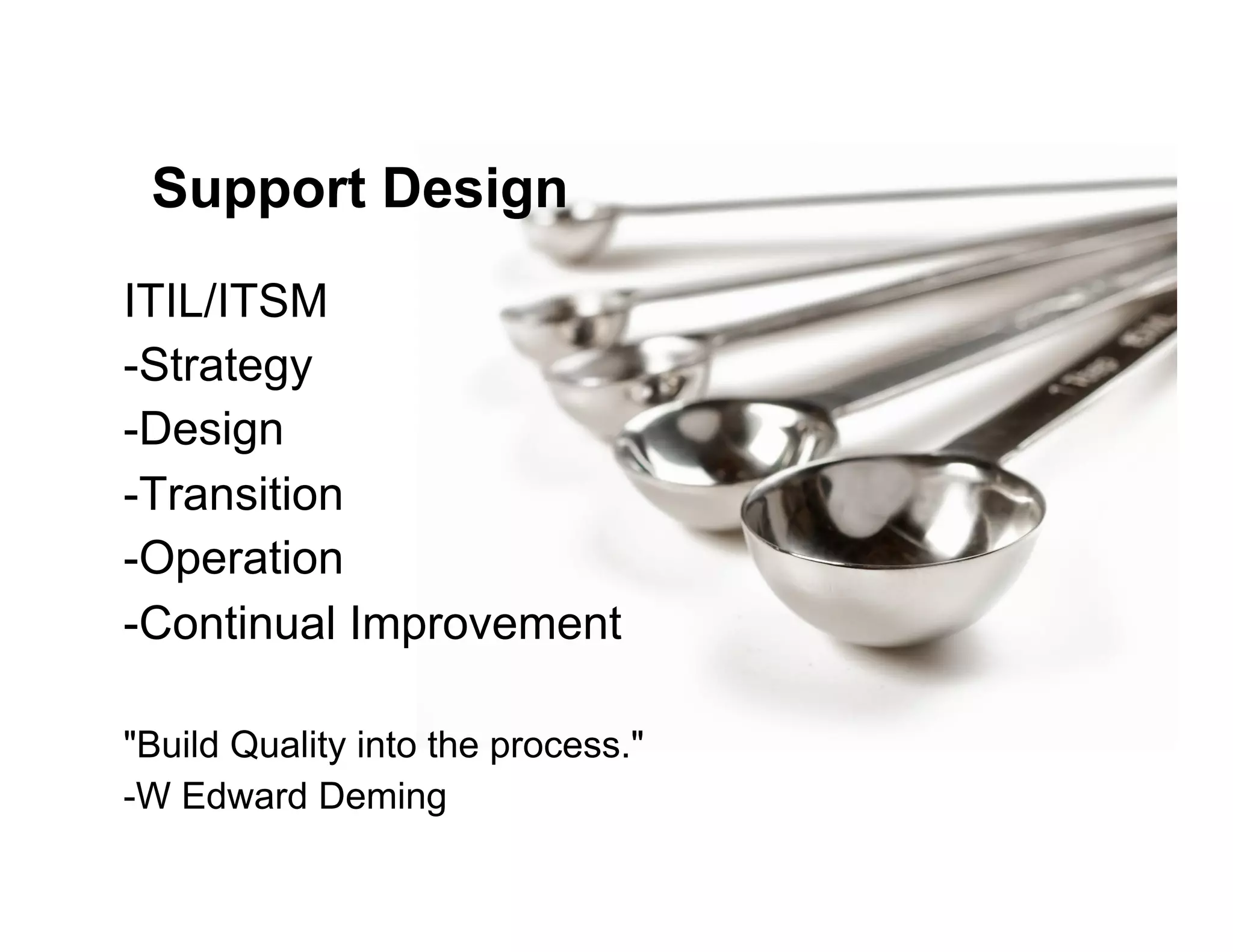 Support Design
ITIL/ITSM
-Strategy
-Design
-Transition
-Operation
-Continual Improvement
"Build Quality into the process."
-W Edward Deming
 