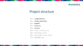 Project structure
├── components
├── node_modules
├── pages
├── static
├── store
├── nuxt.config.js
├── package.json
├── package-lock.json
└── README.md
 