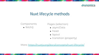 Nuxt lifecycle methods
Components
● fetch()
More: https://nuxtjs.org/docs/concepts/nuxt-lifecycle/
Pages (selection)
● asyncData
● head
● layout
● transition (property)
 