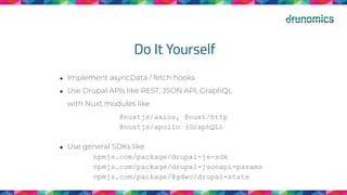 Do It Yourself
● Implement asyncData / fetch hooks
● Use Drupal APIs like REST, JSON API, GraphQL
with Nuxt modules like
@nuxtjs/axios, @nuxt/http
@nuxtjs/apollo (GraphQL)
● Use general SDKs like
npmjs.com/package/drupal-js-sdk
npmjs.com/package/drupal-jsonapi-params
npmjs.com/package/@gdwc/drupal-state
 