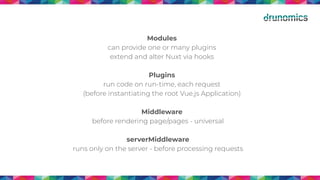 Modules
can provide one or many plugins
extend and alter Nuxt via hooks
Plugins
run code on run-time, each request
(before instantiating the root Vue.js Application)
Middleware
before rendering page/pages - universal
serverMiddleware
runs only on the server - before processing requests
 