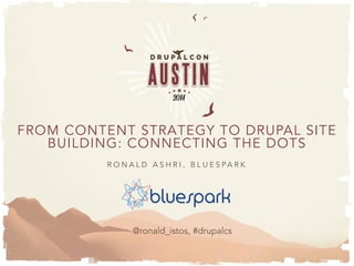 FROM CONTENT STRATEGY TO DRUPAL SITE
BUILDING: CONNECTING THE DOTS
R O N A L D A S H R I , B L U E S P A R K
@ronald_istos, #drupalcs
 