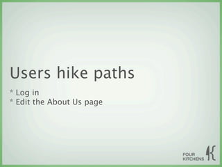 Users hike paths
* Log in
* Edit the About Us page
 