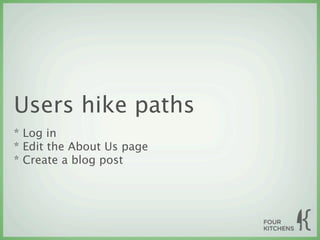Users hike paths
* Log in
* Edit the About Us page
* Create a blog post
 