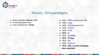 History - First paradigms
● Object orientation (Simula 1962)
● Functional programming
● Logic programming - Prolog
● 1967 – BCPL (forerunner to B)
● 1968 – Logo
● 1969 – B (forerunner to C)
● 1970 – Pascal
● 1970 – Forth
● 1972 – C
● 1972 – Smalltalk
● 1972 – Prolog
● 1973 – ML
● 1975 – Scheme
● 1978 – SQL (a query language,
later extended)
 