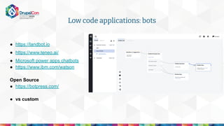 ● https://landbot.io
● https://www.teneo.ai/
● Microsoft power apps chatbots
● https://www.ibm.com/watson
Open Source
● https://botpress.com/
● vs custom
Low code applications: bots
 