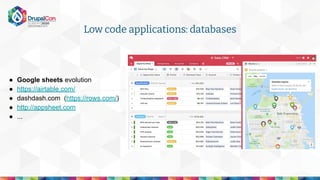 ● Google sheets evolution
● https://airtable.com/
● dashdash.com (https://rows.com/)
● http://appsheet.com
● ...
Low code applications: databases
 