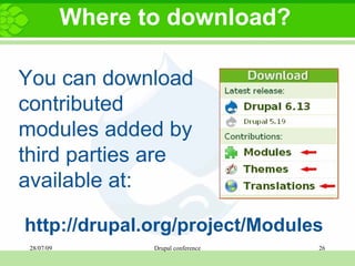 Where to download? You can download contributed modules added by third parties are available at:    http://drupal.org/project/Modules 