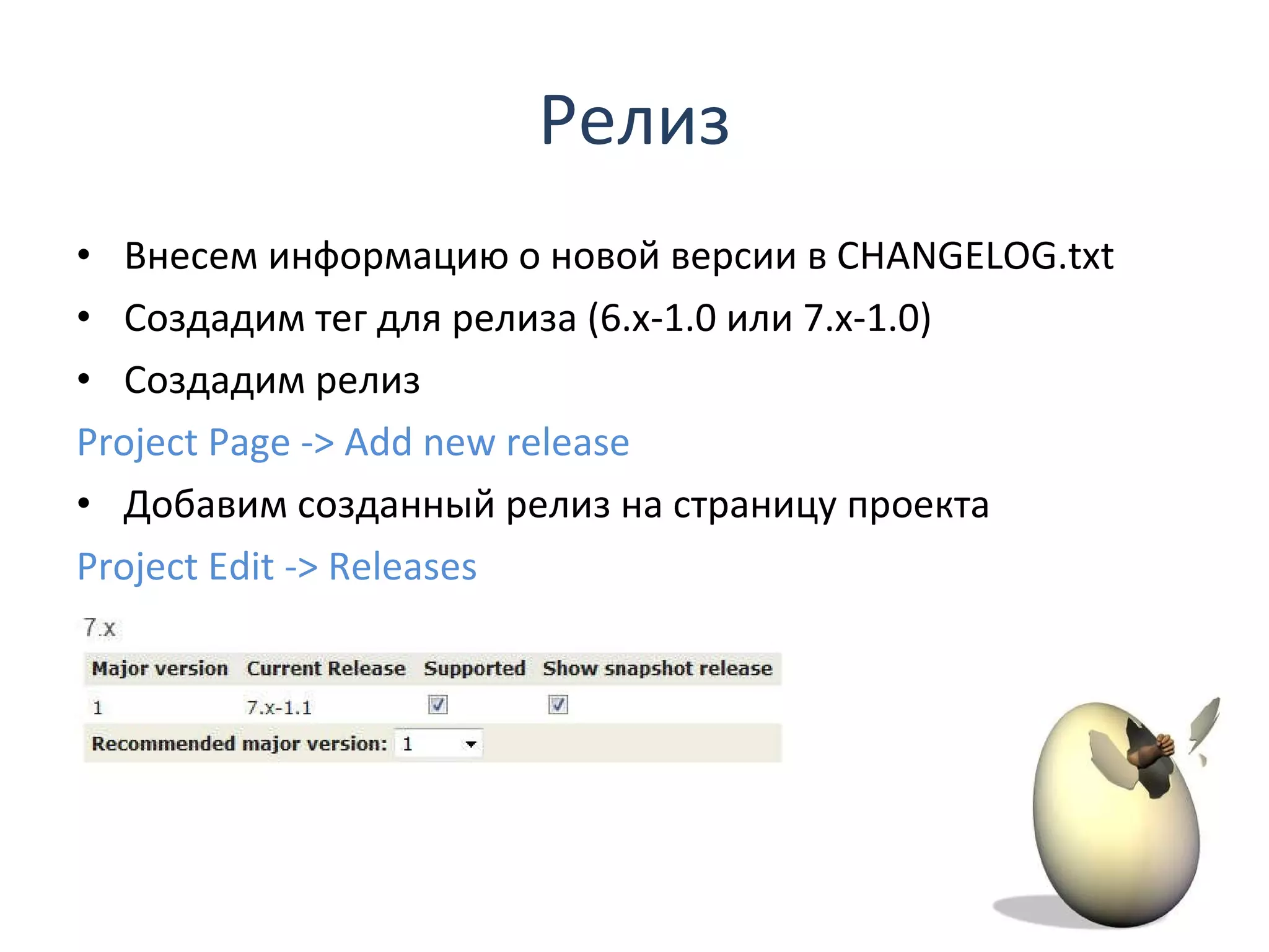 Внесем информацию о новой версии в  CHANGELOG.txt Создадим тег для релиза ( 6.x-1.0  или 7. x -1.0) Создадим релиз  Project Page -> Add new release Добавим созданный релиз на страницу проекта Project Edit -> Releases Релиз 