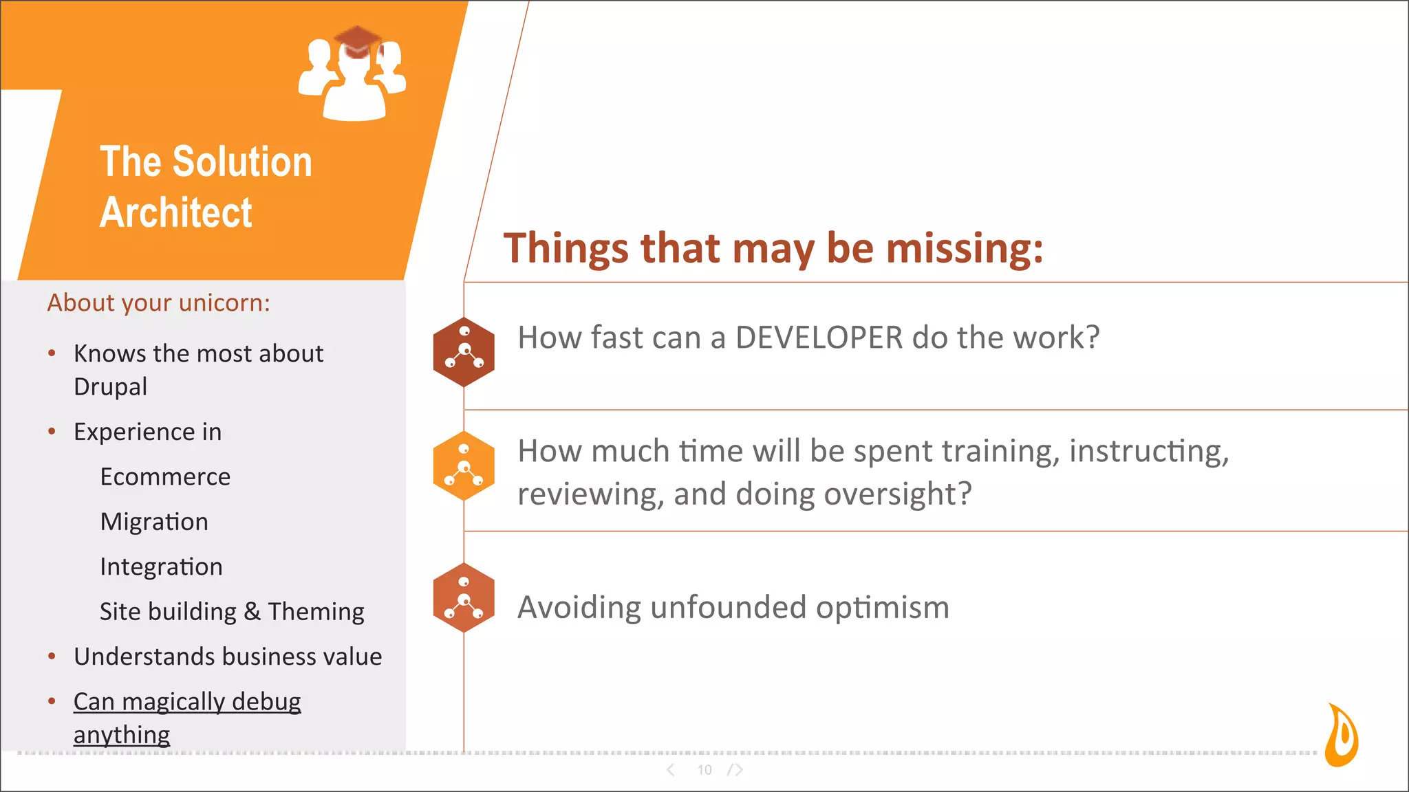 10
The Solution
Architect
About	
  your	
  unicorn:
• Knows	
  the	
  most	
  about	
  
Drupal
• Experience	
  in
Ecommerce
Migra3on
Integra3on
Site	
  building	
  &	
  Theming
• Understands	
  business	
  value
• Can	
  magically	
  debug	
  
anything
Things	
  that	
  may	
  be	
  missing:
How	
  fast	
  can	
  a	
  DEVELOPER	
  do	
  the	
  work?
How	
  much	
  3me	
  will	
  be	
  spent	
  training,	
  instruc3ng,	
  
reviewing,	
  and	
  doing	
  oversight?
Avoiding	
  unfounded	
  op3mism
 