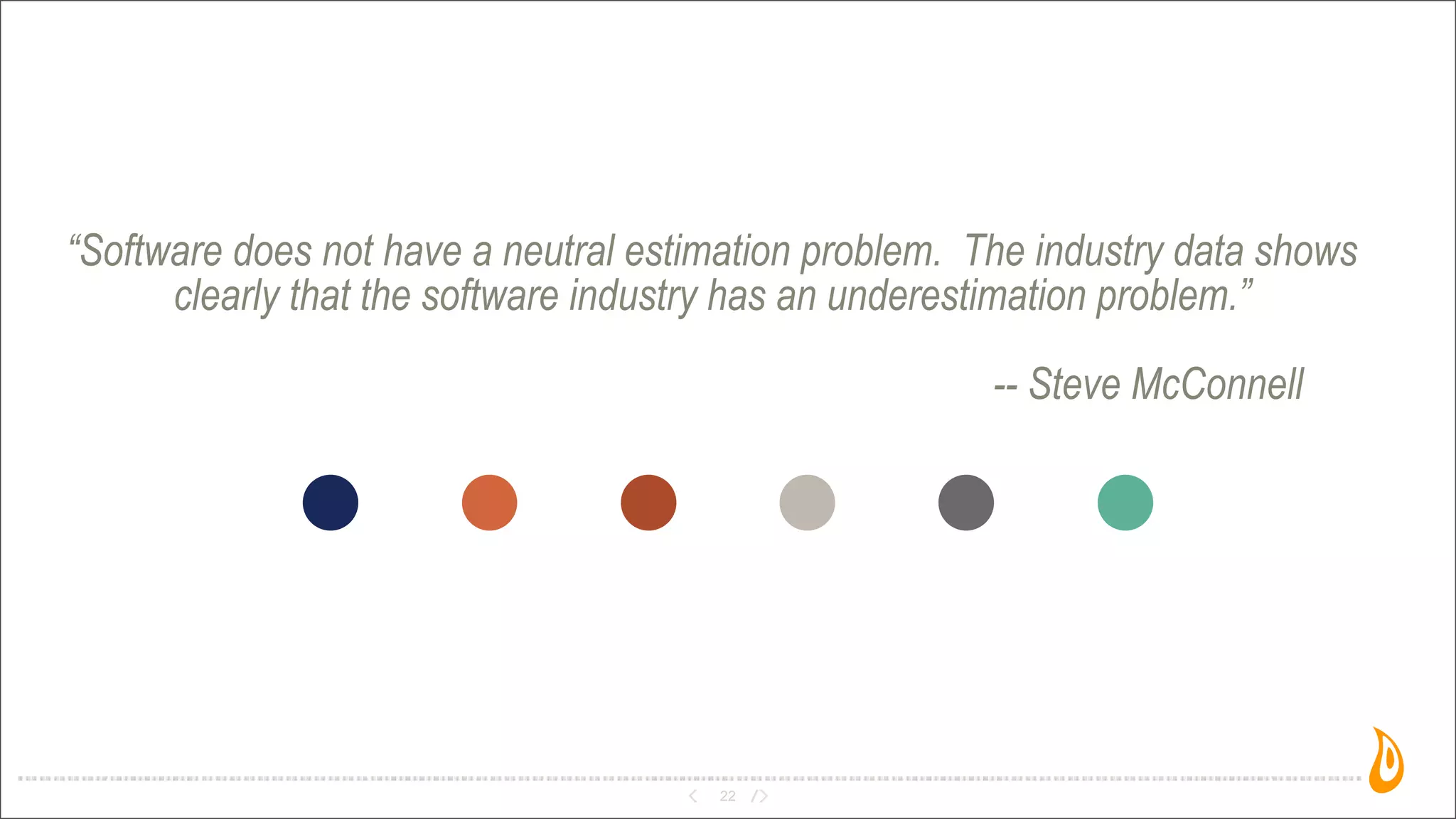 “Software does not have a neutral estimation problem. The industry data shows
clearly that the software industry has an underestimation problem.”
-- Steve McConnell
22
 
