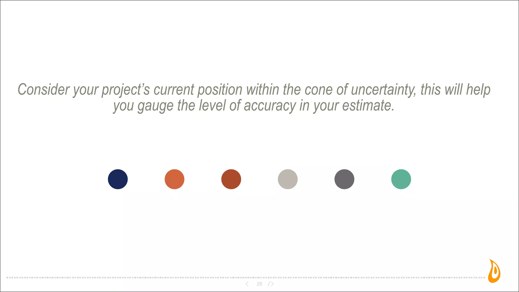 Consider your project’s current position within the cone of uncertainty, this will help
you gauge the level of accuracy in your estimate.
26
 
