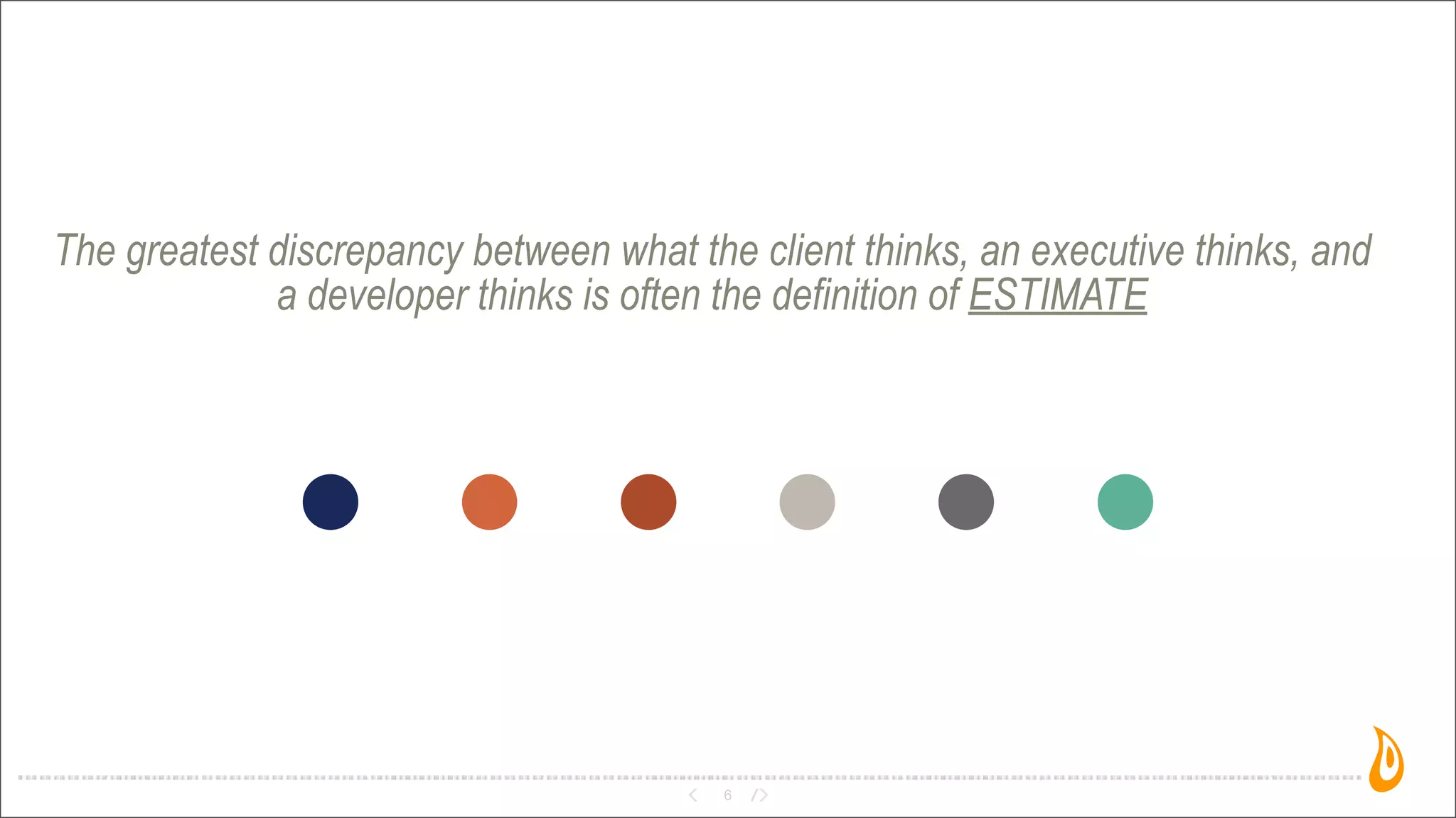 The greatest discrepancy between what the client thinks, an executive thinks, and
a developer thinks is often the definition of ESTIMATE
6
 