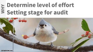 Determine level of effort
Setting stage for audit
WHY
 
