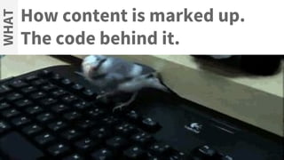 How content is marked up.
The code behind it.
WHAT
 
