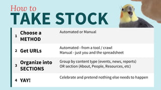 TAKE STOCK
1
Choose a
METHOD
Automated or Manual
2 Get URLs
Automated - from a tool / crawl
Manual - just you and the spreadsheet
3
Organize into
SECTIONS
Group by content type (events, news, reports)
OR section (About, People, Resources, etc)
4 YAY!
Celebrate and pretend nothing else needs to happen
How to
 