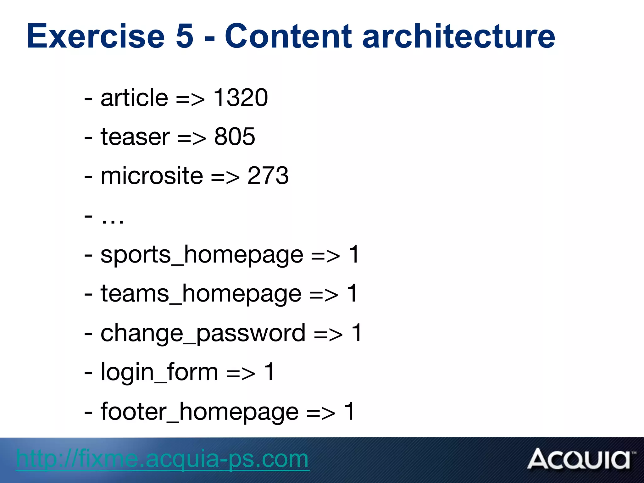 Exercise 5 - Content architecture
- article => 1320
- teaser => 805
- microsite => 273
- …
- sports_homepage => 1
- teams_homepage => 1
- change_password => 1
- login_form => 1
- footer_homepage => 1

http://fixme.acquia-ps.com
 