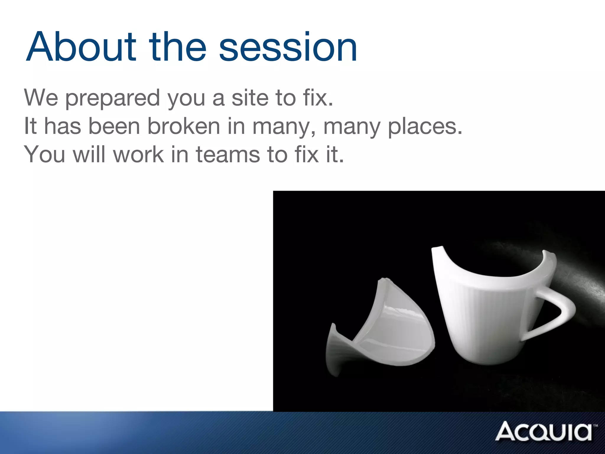 We prepared you a site to ﬁx.
It has been broken in many, many places.
You will work in teams to ﬁx it.

About the session
 