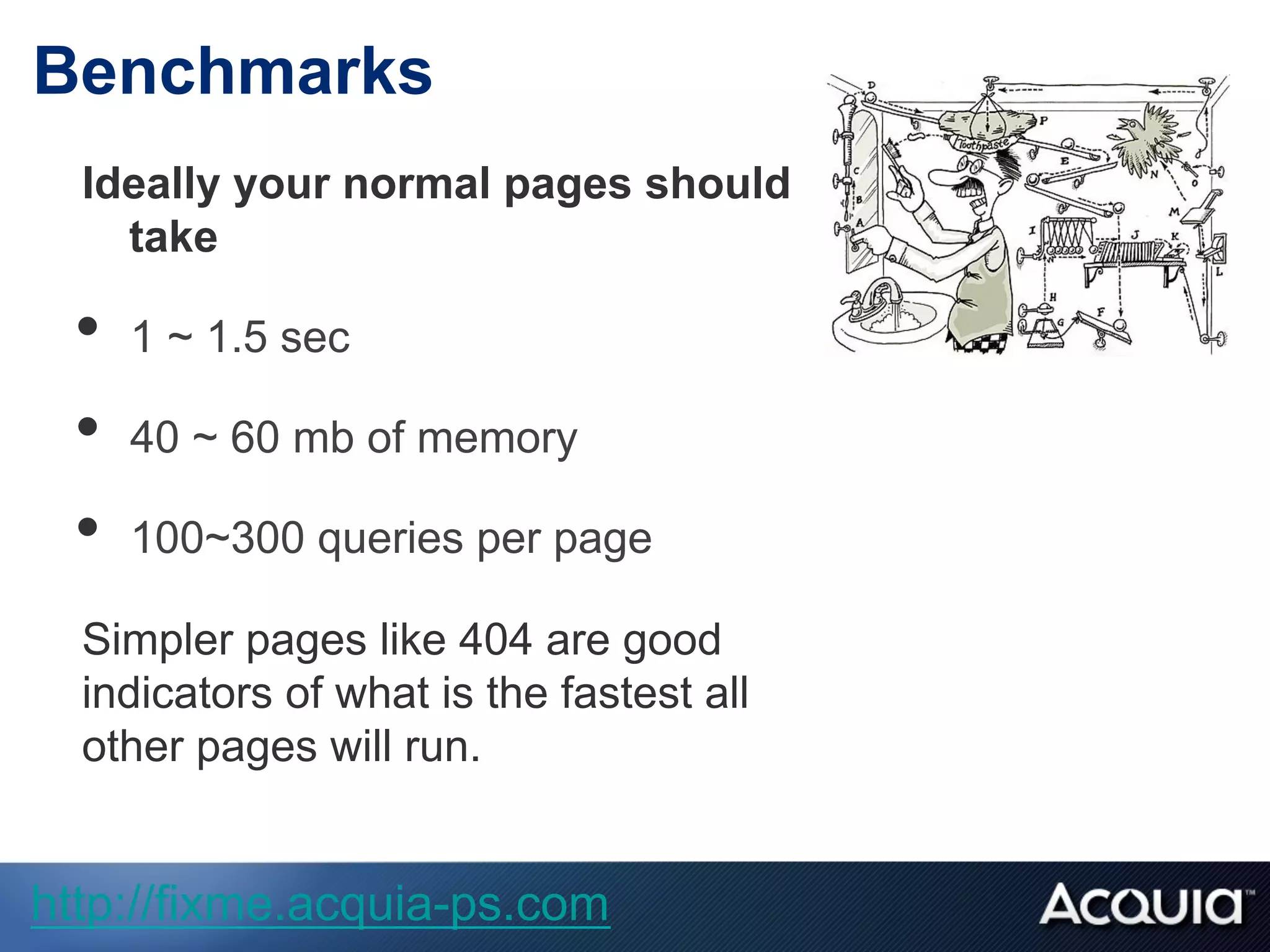 Benchmarks
Ideally your normal pages should
take
•  1 ~ 1.5 sec
•  40 ~ 60 mb of memory
•  100~300 queries per page
Simpler pages like 404 are good
indicators of what is the fastest all
other pages will run.
http://fixme.acquia-ps.com
 