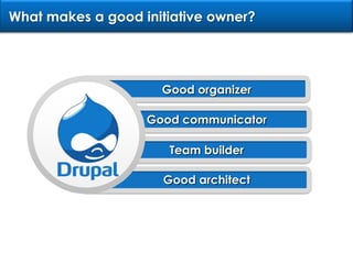 What makes a good initiative owner?Good organizerGood communicatorTeam builderGood architect