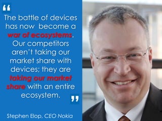 “The battle of devices has now  become a war of ecosystems. Our competitors aren’t taking our  market share with devices; they are taking our market sharewith an entire ecosystem.”Stephen Elop, CEO Nokia