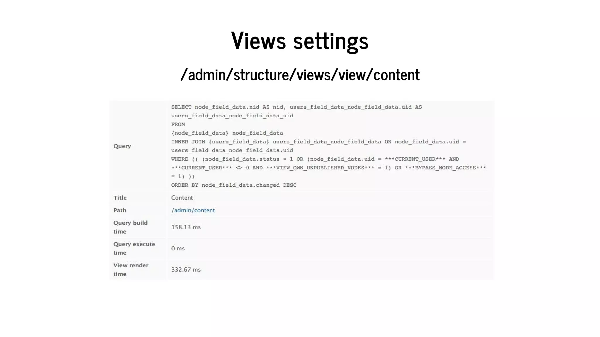 Views	settings
/admin/structure/views/view/content
 