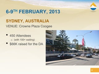 6-9TH FEBRUARY, 2013
SYDNEY, AUSTRALIA
VENUE: Crowne Plaza Coogee

•  450 Attendees
   o  (with 100+ waiting)
•  $66K raised for the DA



                             2
 
