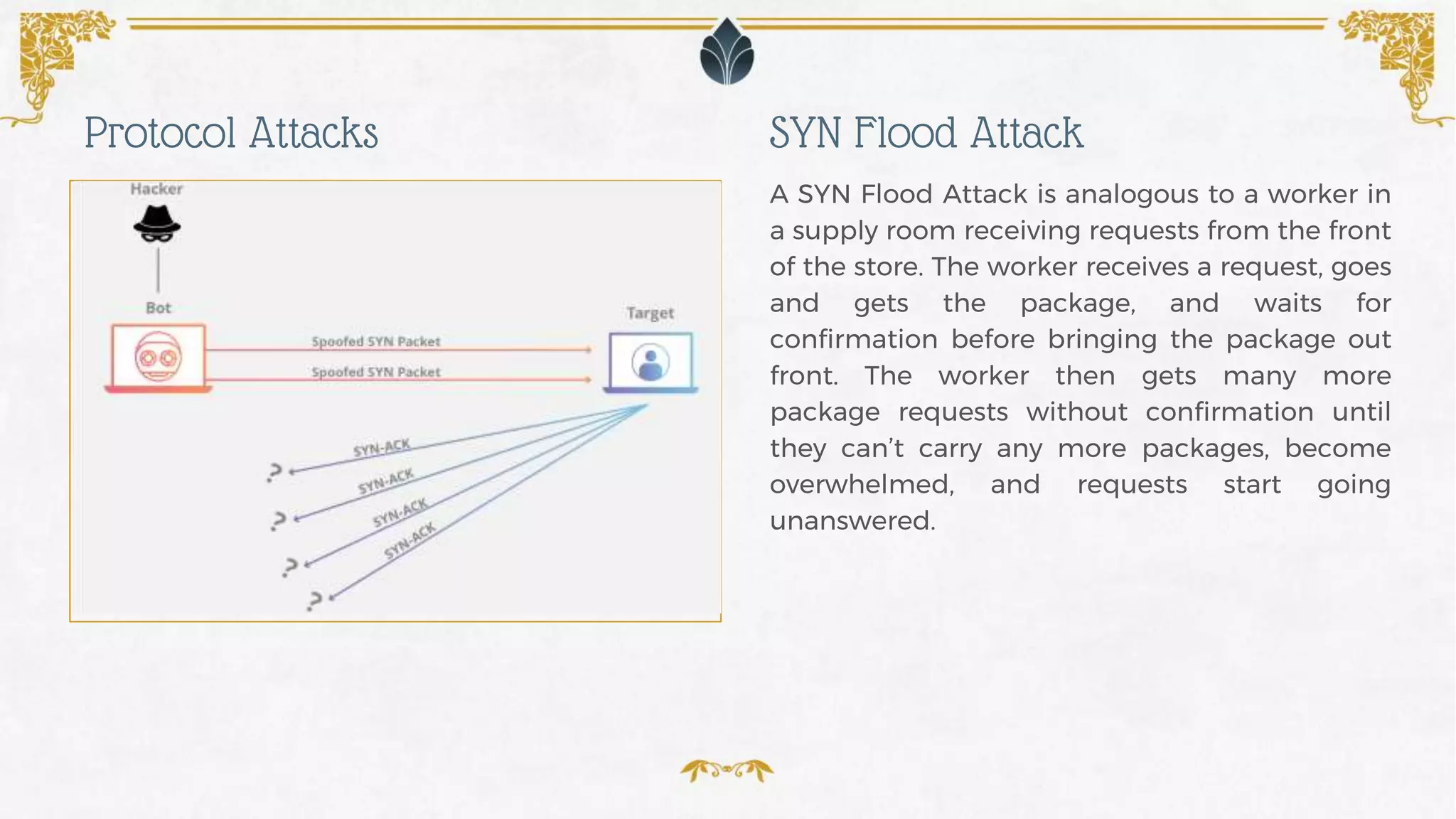 A SYN Flood Attack is analogous to a worker in
a supply room receiving requests from the front
of the store. The worker receives a request, goes
and gets the package, and waits for
confirmation before bringing the package out
front. The worker then gets many more
package requests without confirmation until
they can’t carry any more packages, become
overwhelmed, and requests start going
unanswered.
SYN Flood AttackProtocol Attacks
 