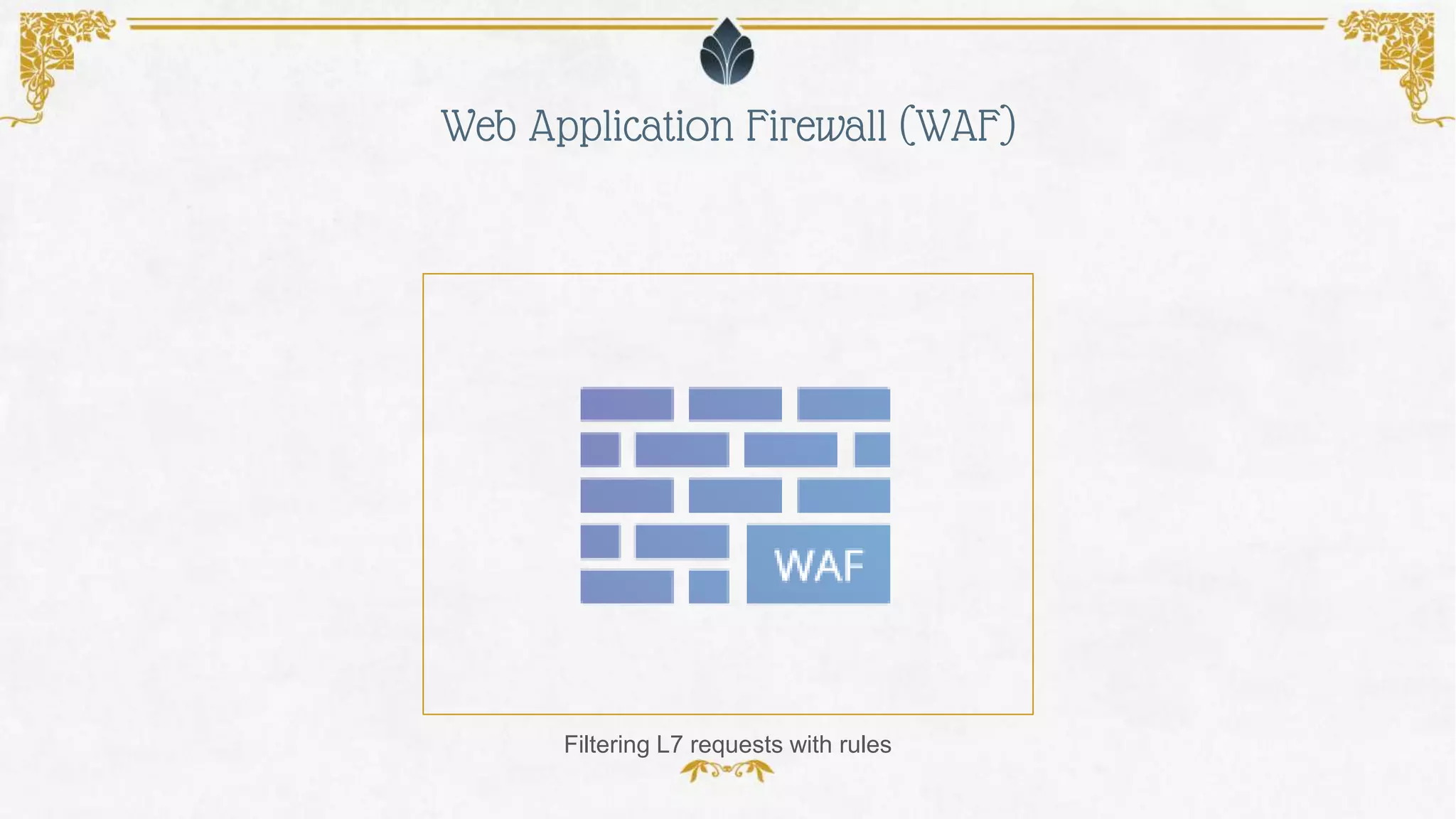 Web Application Firewall (WAF)
Filtering L7 requests with rules
 