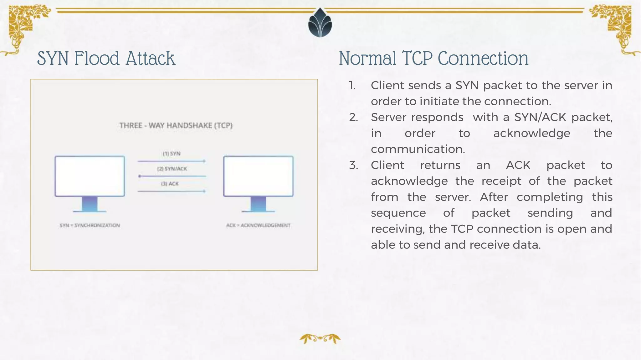 1. Client sends a SYN packet to the server in
order to initiate the connection.
2. Server responds with a SYN/ACK packet,
in order to acknowledge the
communication.
3. Client returns an ACK packet to
acknowledge the receipt of the packet
from the server. After completing this
sequence of packet sending and
receiving, the TCP connection is open and
able to send and receive data.
Normal TCP ConnectionSYN Flood Attack
 
