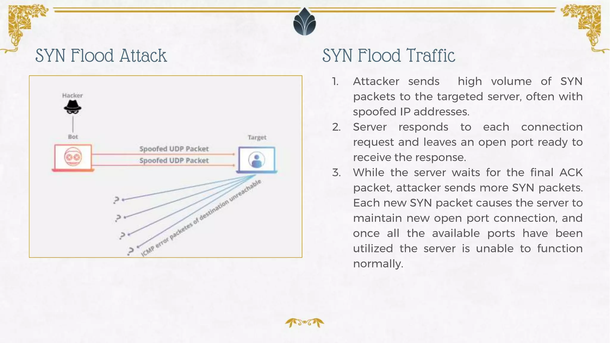 1. Attacker sends high volume of SYN
packets to the targeted server, often with
spoofed IP addresses.
2. Server responds to each connection
request and leaves an open port ready to
receive the response.
3. While the server waits for the final ACK
packet, attacker sends more SYN packets.
Each new SYN packet causes the server to
maintain new open port connection, and
once all the available ports have been
utilized the server is unable to function
normally.
SYN Flood TrafficSYN Flood Attack
 